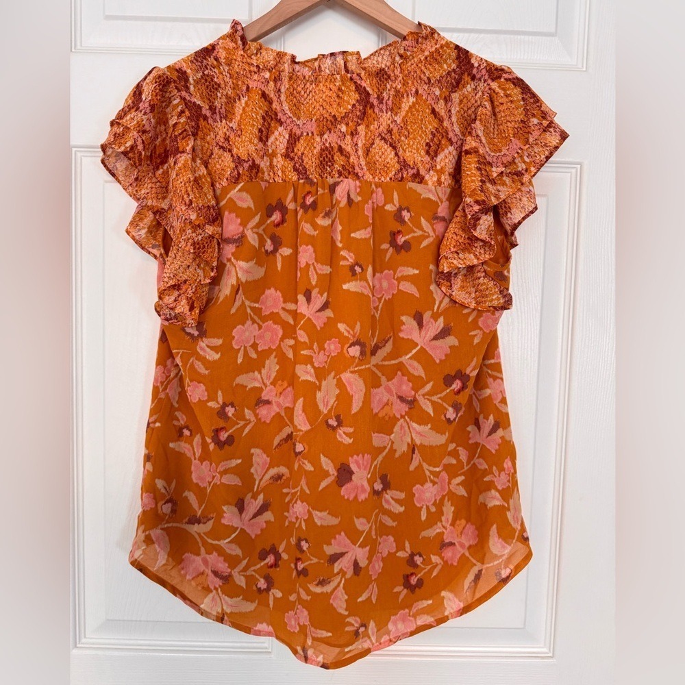 DR 2 orange floral button up blouse short sleeve ruffles nwt - Picture 2 of 6